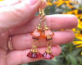 Fall Czech Glass Flower Dangle Earrings - Rustic Woodland Autumn Jewelry - Handmade Gift for Friend