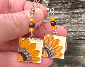 Gold Enamel Sunflower Boho Earrings - Spring Summer Floral Jewelry - Handmade Birthday Gift