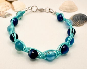 Macrame Aqua Bead Herringbone Boho Bracelet - Summer Beach Vacation Jewelry - Mother's Day Gift