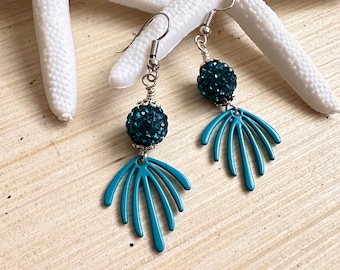 Turquoise Rhinestone Dangle Earrings - Beach Nature Jewelry - Unique Handmade Birthday Gift
