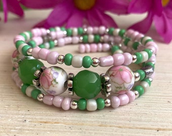 Pink Floral Bracelet - Beaded Flower Memory Bracelet - Spring Summer Jewelry