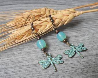 Dragonfly Charm Earrings - Patina Dragonfly Earrings - Patina Dangle Earrings - Verdigris Dragonfly Earrings - Dragonfly Earrings