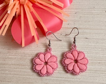 Czech Glass Pink Flower Earrings - Spring Summer Beadwork Jewelry - Handmade Birthday Gift for Mom Sister