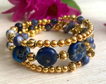 Gold and Blue Jasper Cuff Bracelet - Denim Blue Beaded Bracelet - Statement Jewelry - Jasper Natural Stone Bracelet