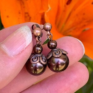 Pearl Acorn Earrings- Copper Studs - Fall Autumn Jewelry