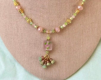 Pink Rose Beaded Floral Pendant Necklace - Spring Jewelry - Handmade Mother's Day Gift