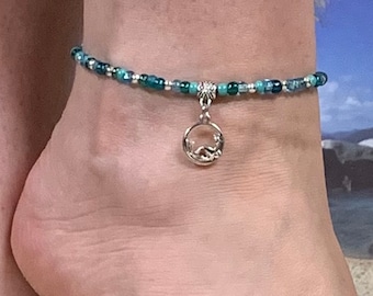 Blue Mermaid Beaded Ankle Bracelet - Summer Body Jewelry - Handmade Birthday Gift for Friend