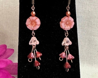 Pink Czech Glass Flower Dangle Earrings - Copper Cherry Blossom - Floral Jewelry Gift for Sister