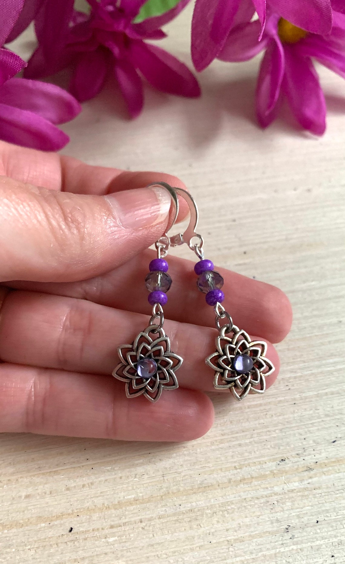 Purple Flower Charm Earrings Floral Jewelry Spring Jewelry Etsy