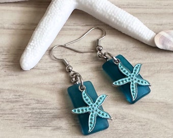 Blue Sea Glass Starfish Dangle Earrings - Summer Beach Jewelry - Unique Gift for Mom