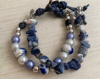 Blue Beaded Pearl Stone Bracelet - Sodalite Natural Stone Jewelry - Statement Jewelry
