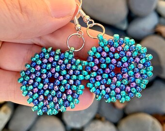 Blue Boho Seed Bead Earrings - Mandala Disc Earrings - Beadwork Jewelry