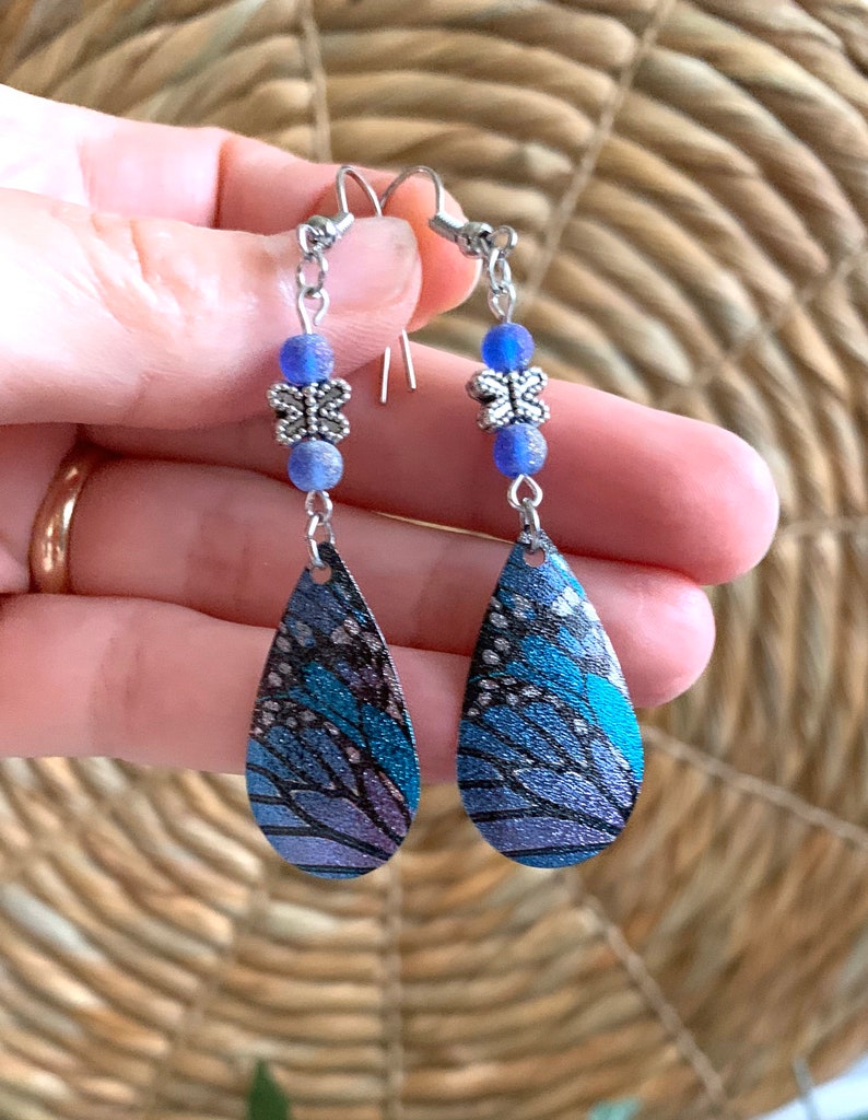 Metallic Earrings Purple Butterfly Earrings Silver Teardrop Earrings Boho Hippie Jewelry