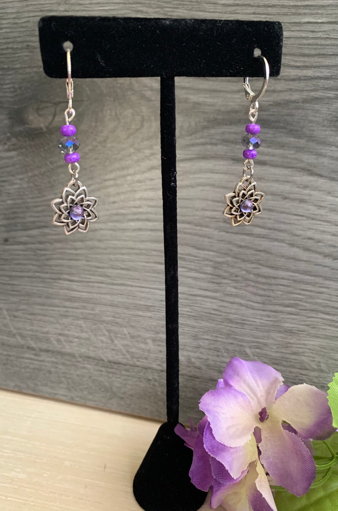 Purple Flower Charm Earrings Floral Jewelry Spring Jewelry Etsy