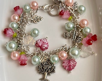 Czech Glass Flower Leaf Charm Bracelet - Spring Floral Jewelry - Mother's Day Gift For Her