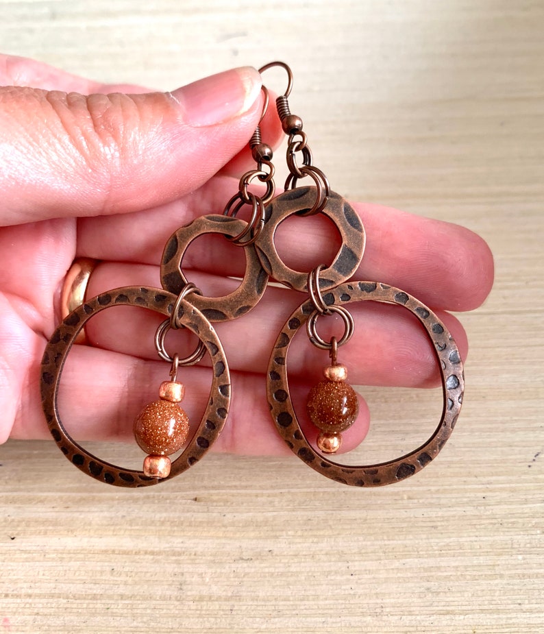 Hammered Copper Hoop Earrings Natural Stone Goldstone Etsy