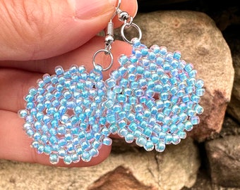 Aquamarine Seed Bead Dangle Earrings - Spring Summer Beadwork Jewelry - Handmade Birthday Gift for Sister