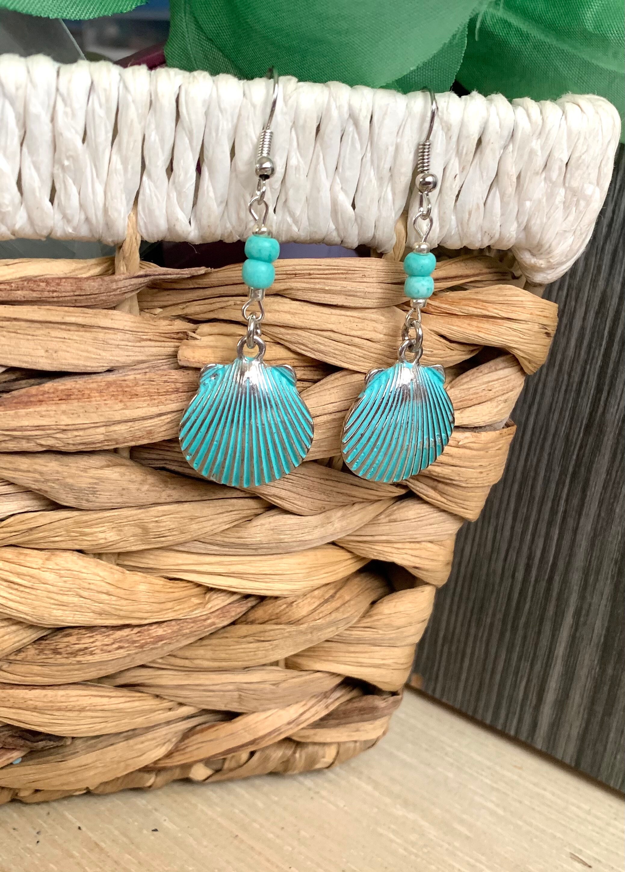 Turquoise Patina Seashell Earrings Beach Jewelry Tropical | Etsy