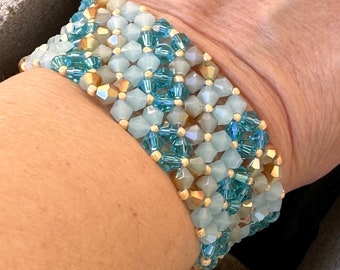 Aqua Crystal Cuff Bracelet - Spring Summer Beadwork Jewelry - Unique Handmade Gift for Mom