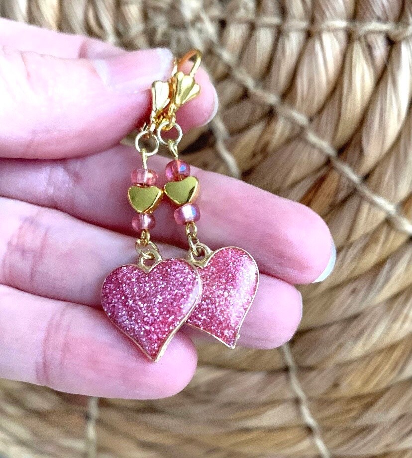 Glitter Heart Earrings Gold Lever Back Earrings Heart Etsy