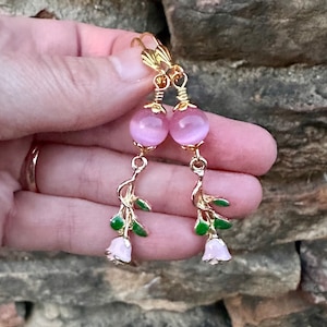 Pink Rose Flower Dangle Earrings - Spring Summer Floral Jewelry - Cat's Eye Dangle Earrings