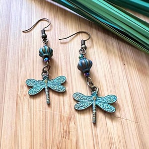 Dragonfly Dangle Earrings - Birthday Gift for Friend - Boho Nature Insect Jewelry - Bronze Patina Charm Earrings