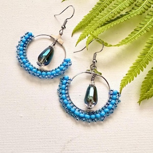 Beaded Hoop Earrings: Czech Glass Teardrop, Boho Silver Jewelry