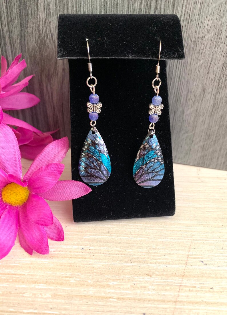 Metallic Earrings Purple Butterfly Earrings Silver Teardrop Earrings Boho Hippie Jewelry