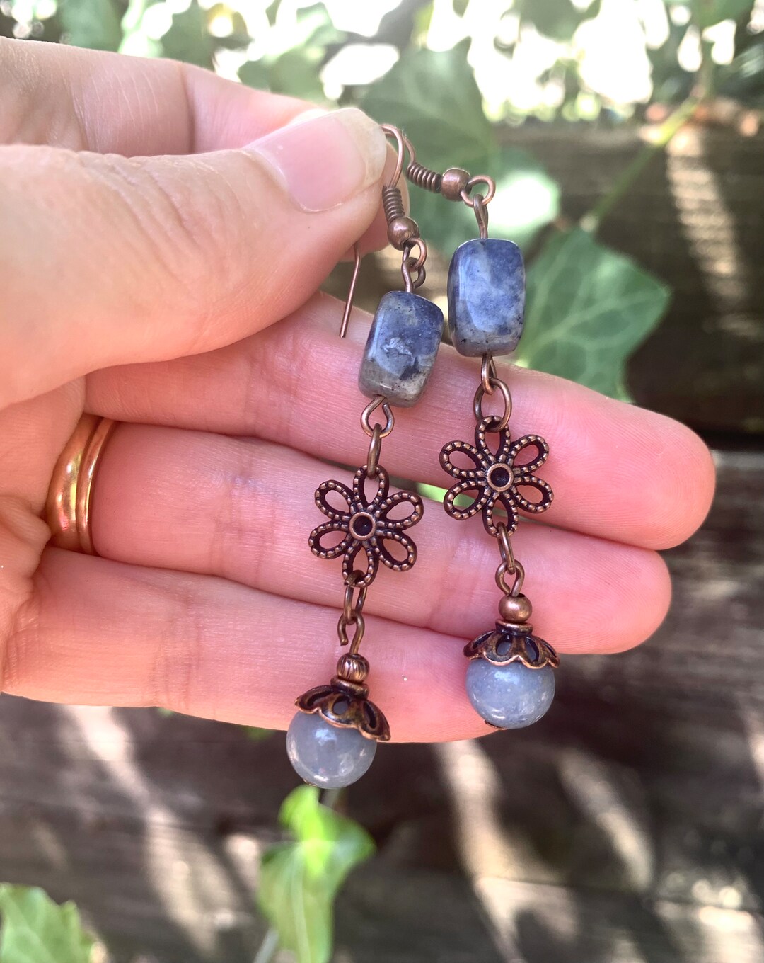 Copper and Blue Flower Boho Dangle Earrings Sodalite Natural Stone