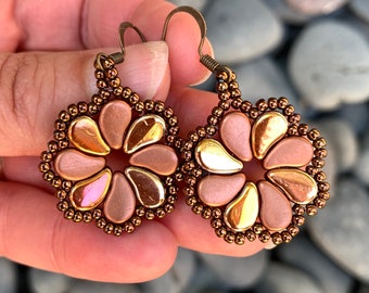 Copper Flower Boho Earrings - Czech Glass Earrings - Floral Beadwork Jewelry