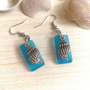 Conch Shell Earrings - Blue Sea Glass - Seashell Earrings - Tropical Jewelry - Beach Jewelry