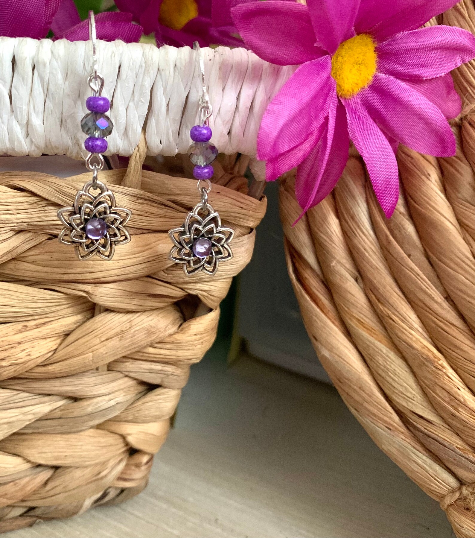 Purple Flower Charm Earrings Floral Jewelry Spring Jewelry Etsy