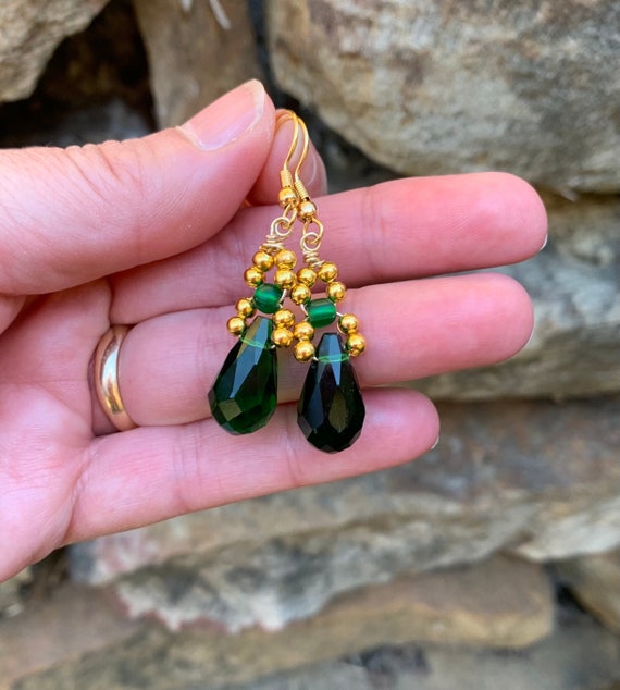 Emerald Green Teardrop Crystal Earrings Gemstone Earrings May