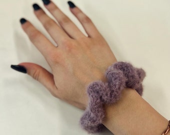 Purple Lilac Crocheted Faux Fur Scrunchie - Soft Textured Hair Tie - Vibrant Accessory