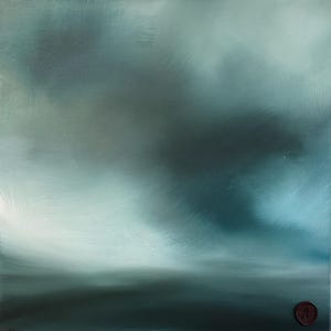 May include: An abstract oil painting in shades of blue, green, and grey, evoking a sense of atmosphere. The brushstrokes create a sense of movement and depth. A small, circular seal with the letter "A" is in the bottom right corner.