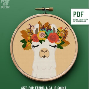 Llama Modern Cross Stitch Pattern, Flower cross stitch, Cute Animal counted cross stitch chart, Embroidery Design, Instant download PDF