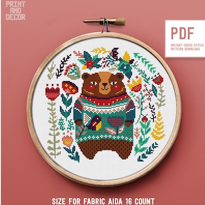 Bear and Flowers Cross Stitch Pattern, Modern embroidery, Forest animal theme, Instant download PDF pattern