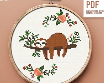 Sloth on the branch Cross stitch pattern, cute animal modern cross-stitch, funny embroidery design, home decor, Instant download PDF pattern