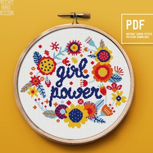 Girl power Cross Stitch Pattern, Funny cross stitch, Flower border, Embroidery pattern, Instant download PDF pattern, home decor