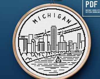 Michigan cross stitch pattern, City landscape, Easy cross stitch PDF chart, embroidery pattern, United States theme, Home decor, PDF pattern