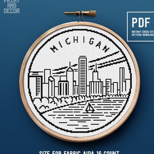 Michigan cross stitch pattern, City landscape, Easy cross stitch PDF chart, embroidery pattern, United States theme, Home decor, PDF pattern