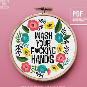 Wash Your Hands Cross Stitch Pattern, Subversive Counted cross stitch chart, Funny xstitch pattern, Instant download PDF chart