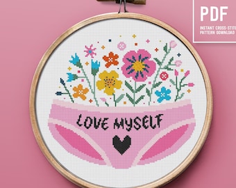 Love myself cross stitch pattern, Girl power Embroidery pattern, Instant download PDF chart, home decor, DIY gift idea