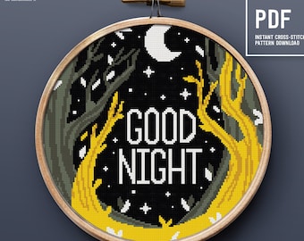 Good Night Cross Stitch Pattern, Starry night theme, Embroidery pattern, Instant download PDF