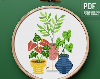 Funny cross stitch, Green plants counted cross stitch pattern, modern embroidery design, instant download PDF chart
