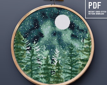Night Stars Cross Stitch Pattern Nursery Modern Stitch Tree House Cross Stitch Pattern Home Decor Pattern Easy Embroidery Round