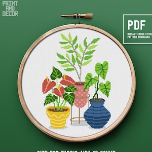 Divertente punto croce, schema punto croce contato piante verdi, design moderno da ricamo, schema PDF con download istantaneo