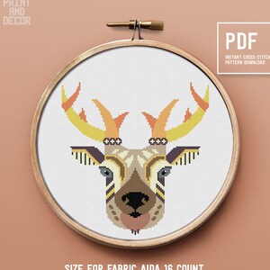 Deer animal cross stitch pattern, modern embroidery pattern, home decor, easy counted cross stitch, instant download PDF chart