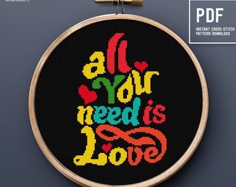 Easy Cross Stitch Pattern with text "All You Need is Love" - Love Counted cross stitch chart, Embroidery PDF pattern