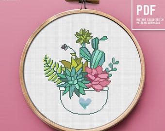 Colorful Flowers Modern Cross Stitch Pattern Home garden Cute Cactus Plants and Pots Instant download embroidery PDF pattern punto de cruz